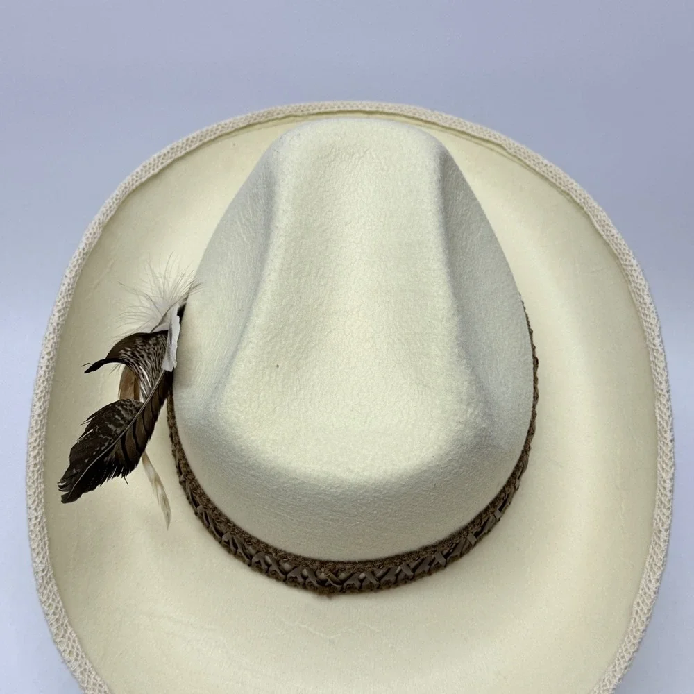 Cream Felt Western Cowboy Hat Feather Accent Lace Trim Brim Festival Boho Ivory